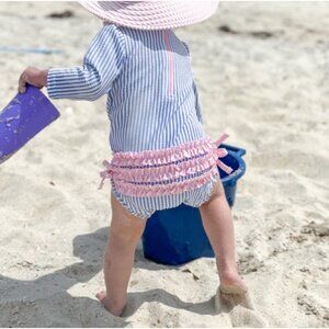 RuffleButts Baby Girl Seersucker Long Sleeve Rash Guard Swimsuit 6–12M Blue Pink